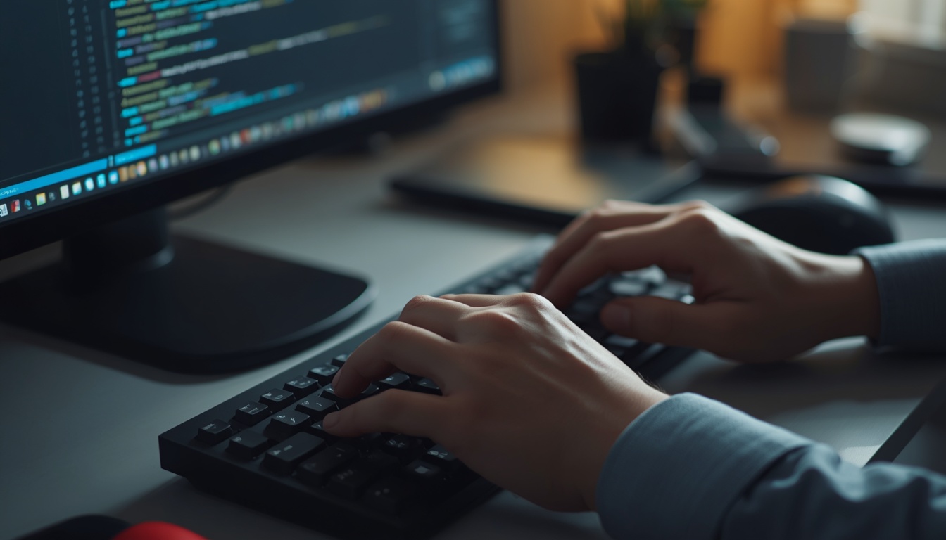 Hands on keyboard with screen aligned at proper height